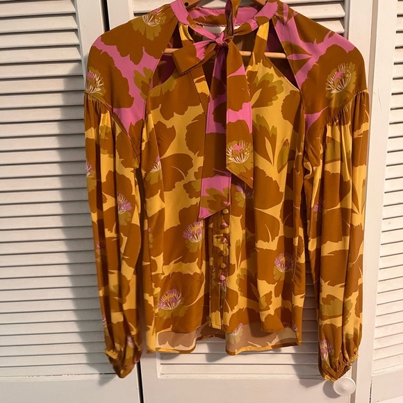 Anthropologie Gold Long Sleeve Tie Front Blouse - Picture 4 of 4